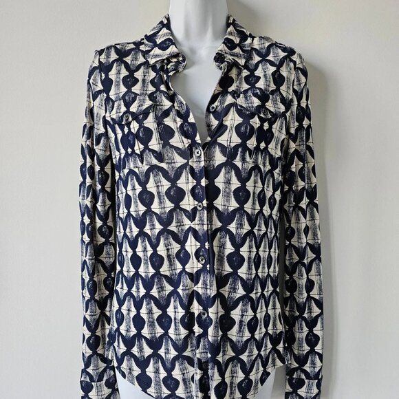 NWT TORY BURCH Navy Off White Print Kimber Blouse Top Shirt XS - Picture 1 of 10